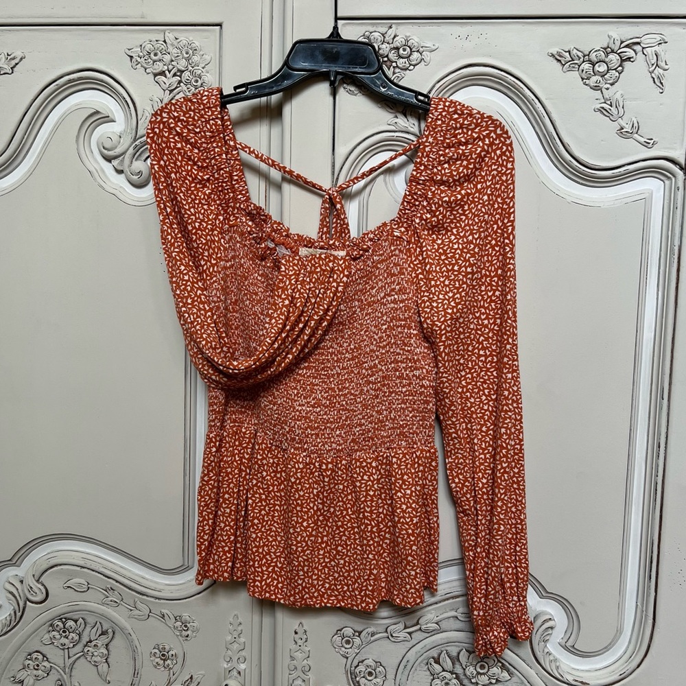 REWIND Women's Rust/Orange and cream colored long sleeved blouse - size L